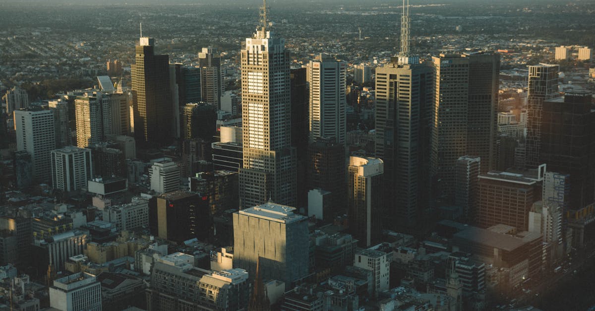 high angle cityscape of melbourne s skyline with modern skyscrapers at dusk