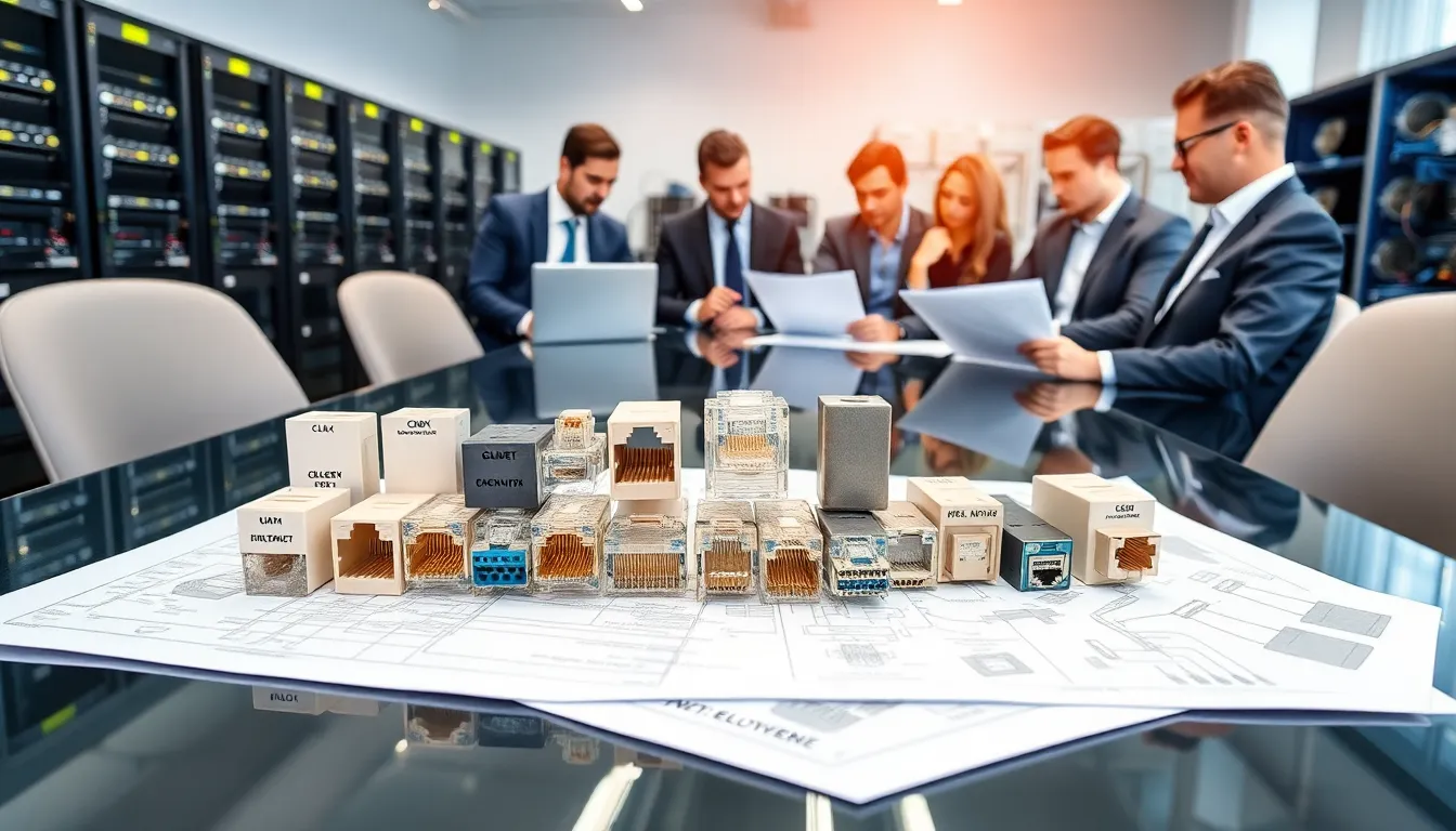 engineers discussing rj45 connectors in a modern office setting